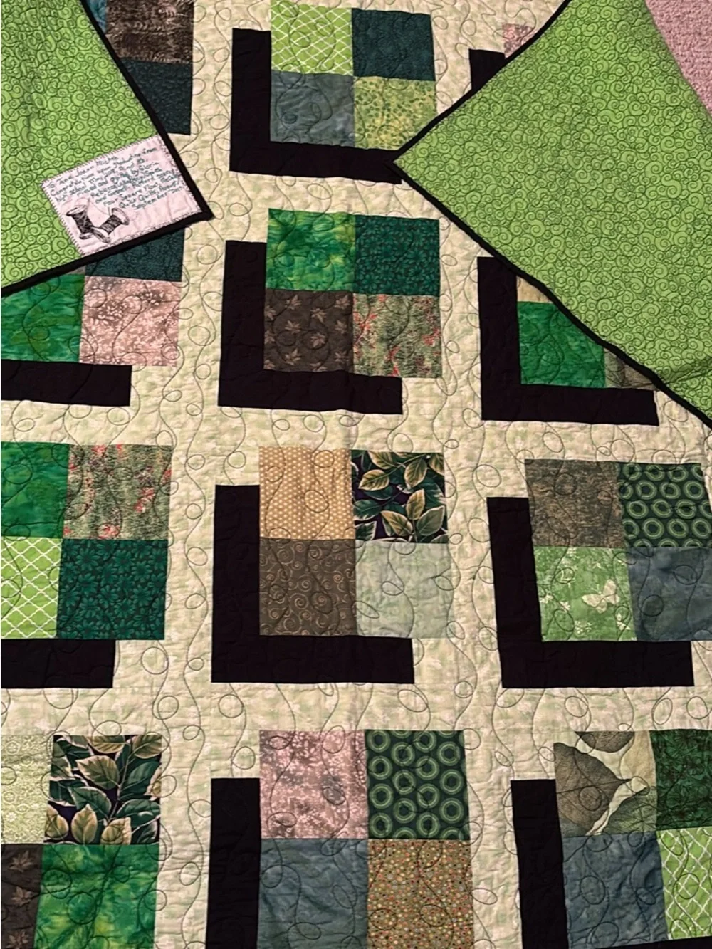 Green Patchwork Quilt with Black Accents - Handmade Bedding